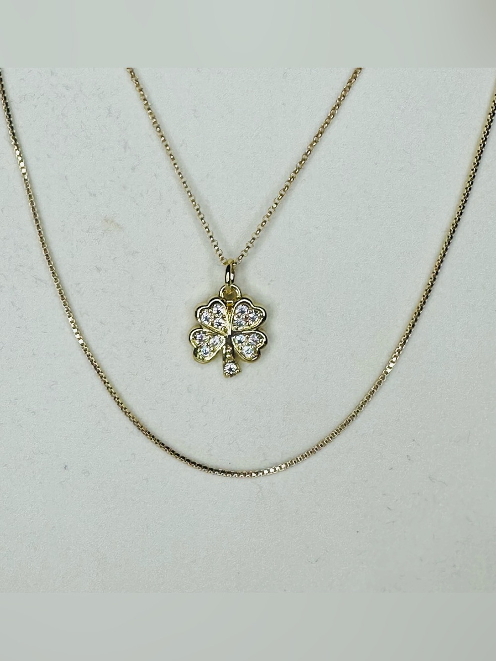 Gold Tone Layered Necklace Set with Crystal Four Leaf Clover Pendant